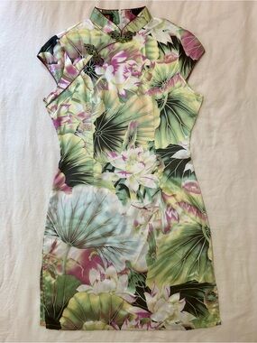 Lao Gu Dai 老古代 Vintage Silk Lotus Qipao Cheongsam Mini Dress ~ US S/M